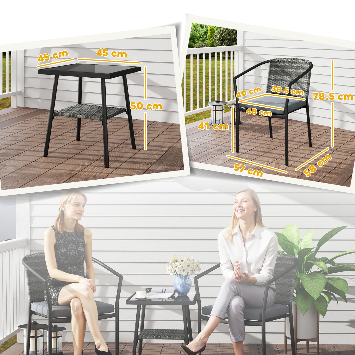 Midi Grey Rattan 3 Piece Bistro Set With Cushions And Glass Coffee Table
