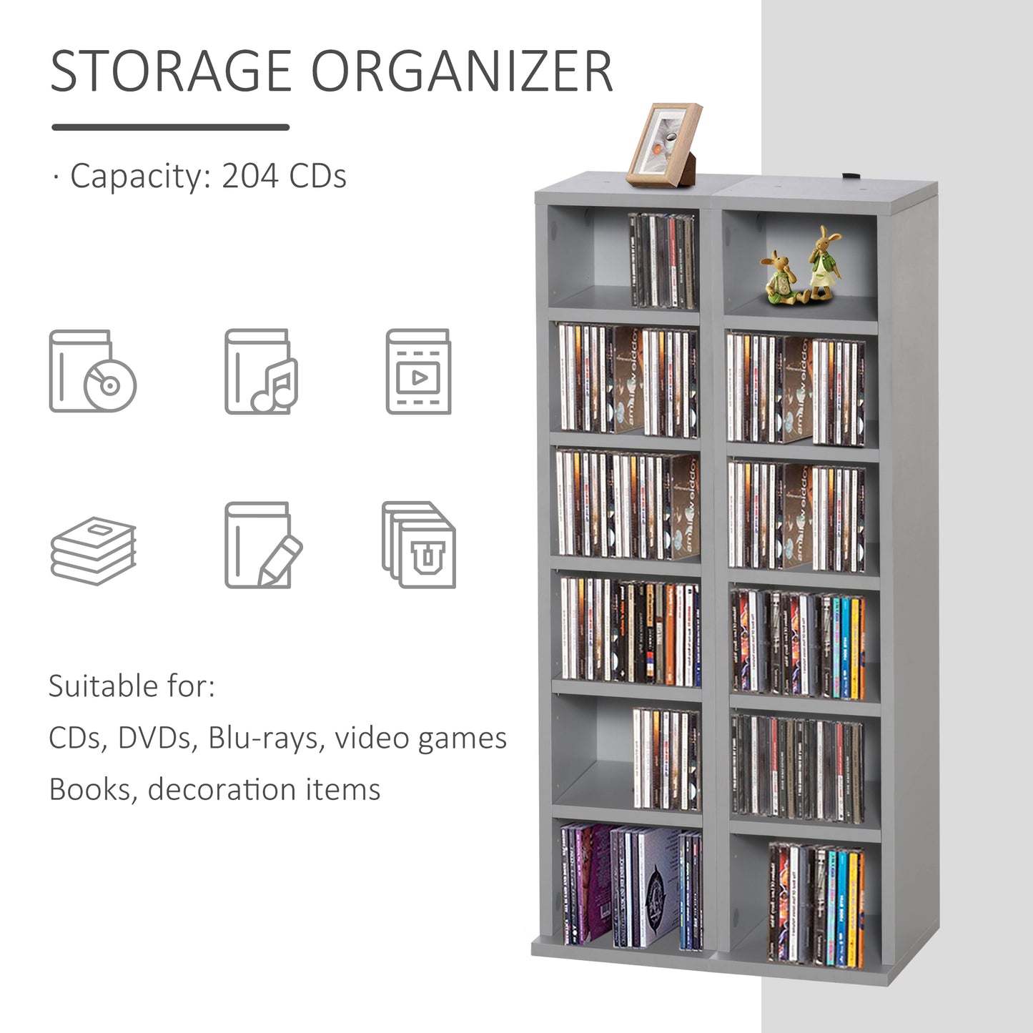 Nonono Wood Grey Set Of 2 Media Storage Towers With Adjustable Shelves
