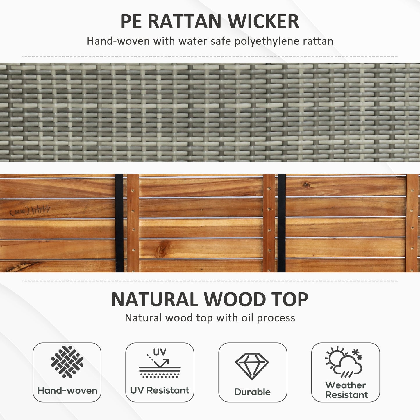 Vane Rattan Grey Outdoor Storage Bench Box With Natural Wood Effect Lid