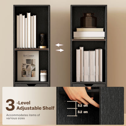 Nota Wooden Black Tall Narrow 6 Tier Bookcase With Drawer And Door