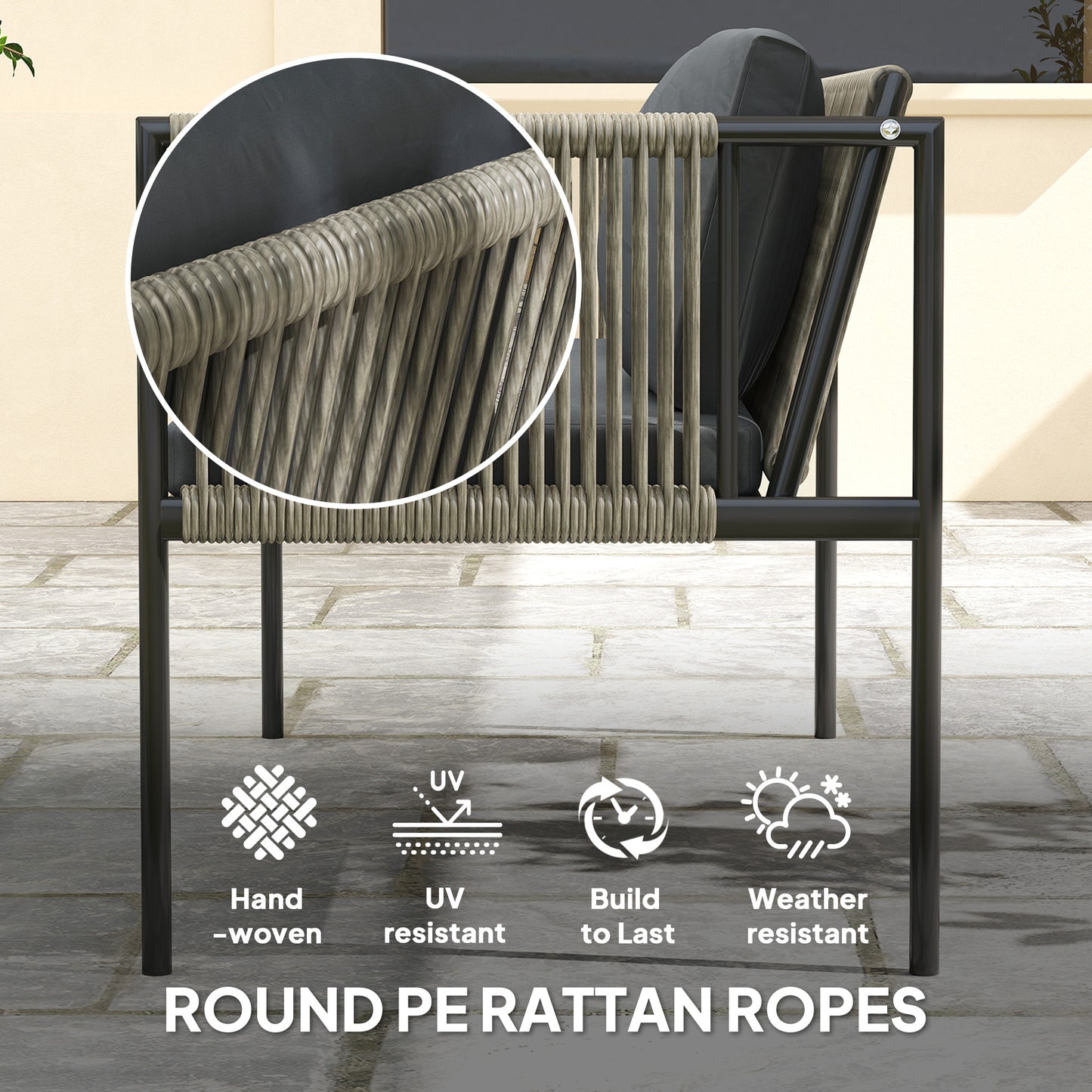 Rira Rattan Rope Grey 4 Seater Round Outdoor Sofa Set