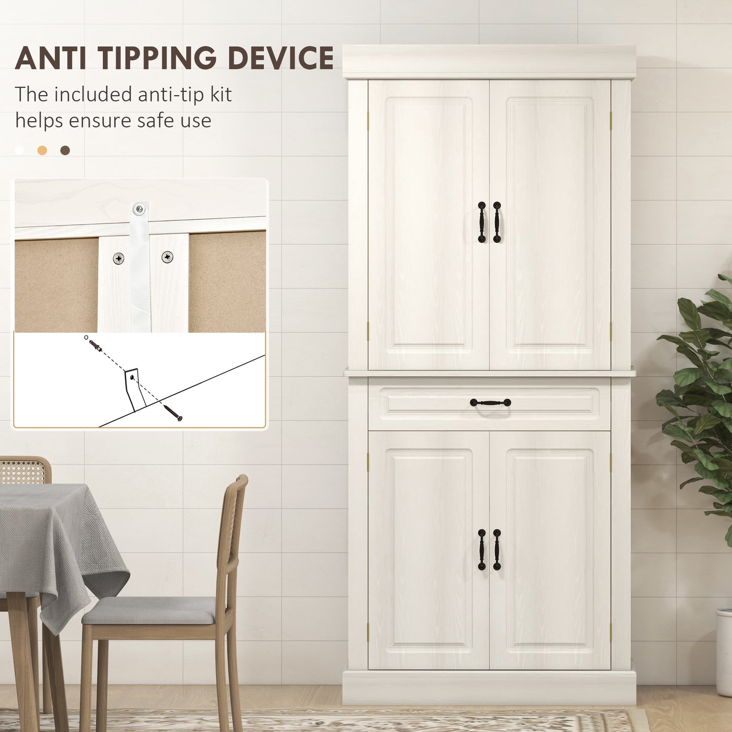 Tokeri Wooden Cream White Tall Kitchen Pantry Cabinet 4 Doors And Storage Shelves