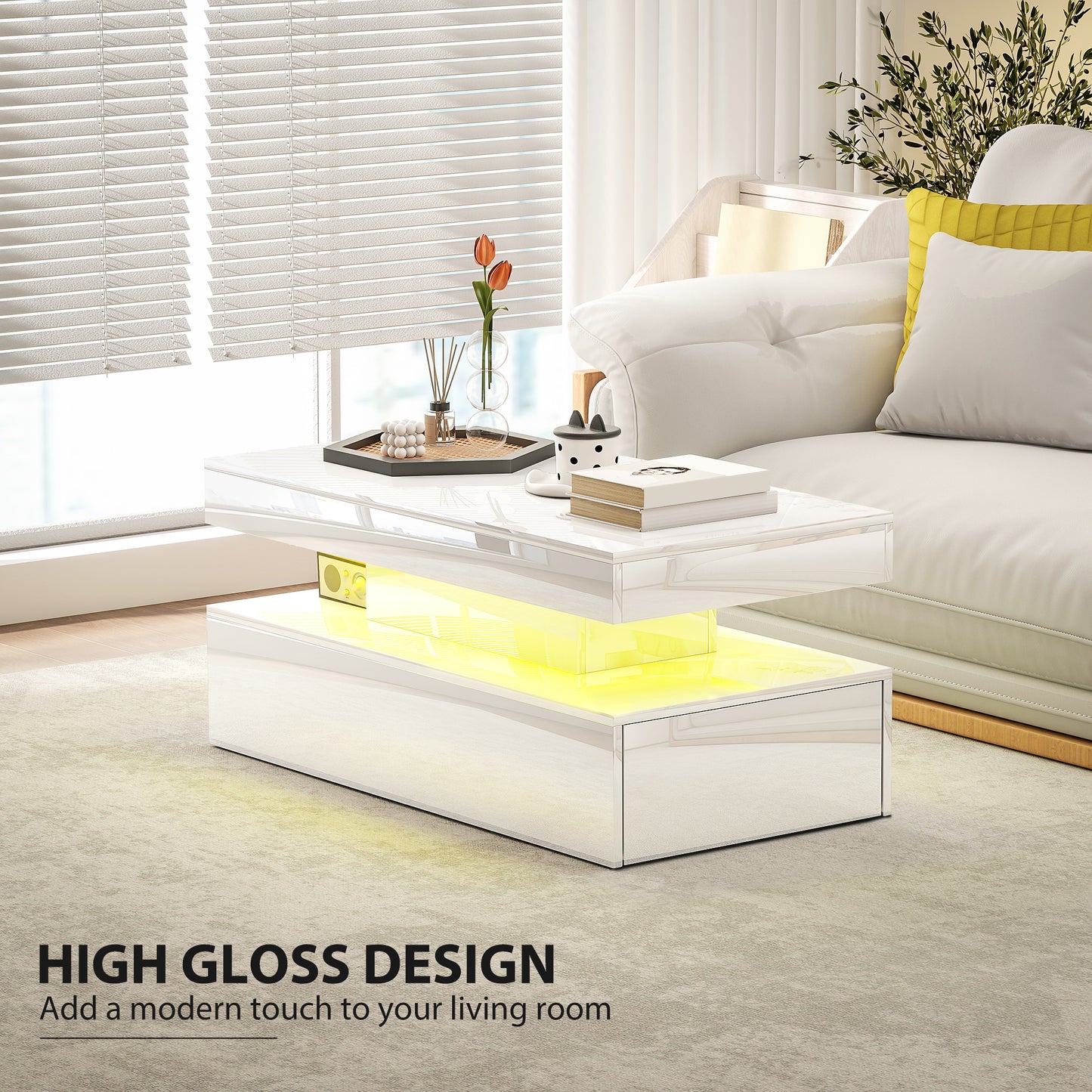 Lomoyo cm High Gloss White LED Coffee Table With Integrated Storage
