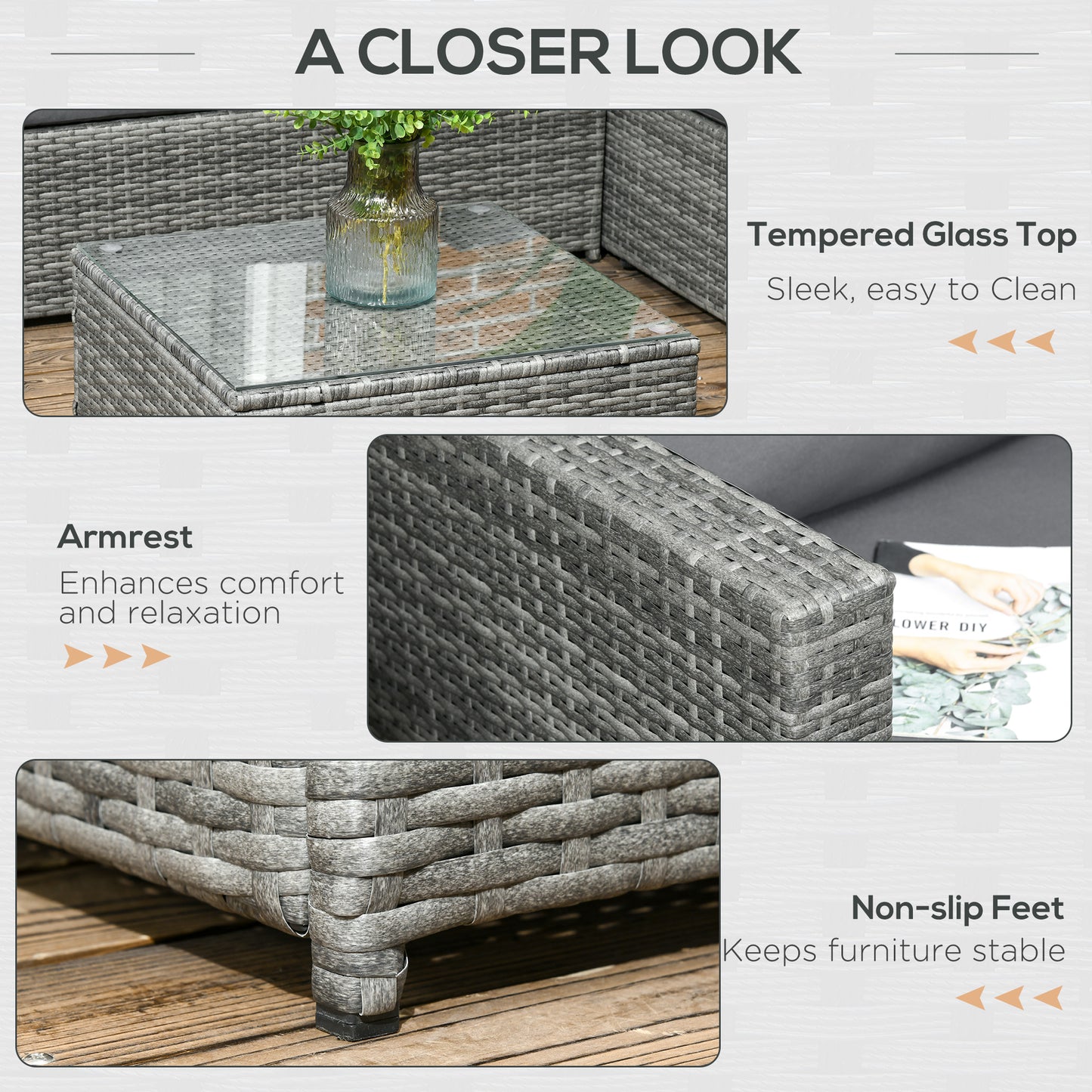 Laneri Rattan Grey 4 Seater Corner Garden Sofa Set With Glass Table