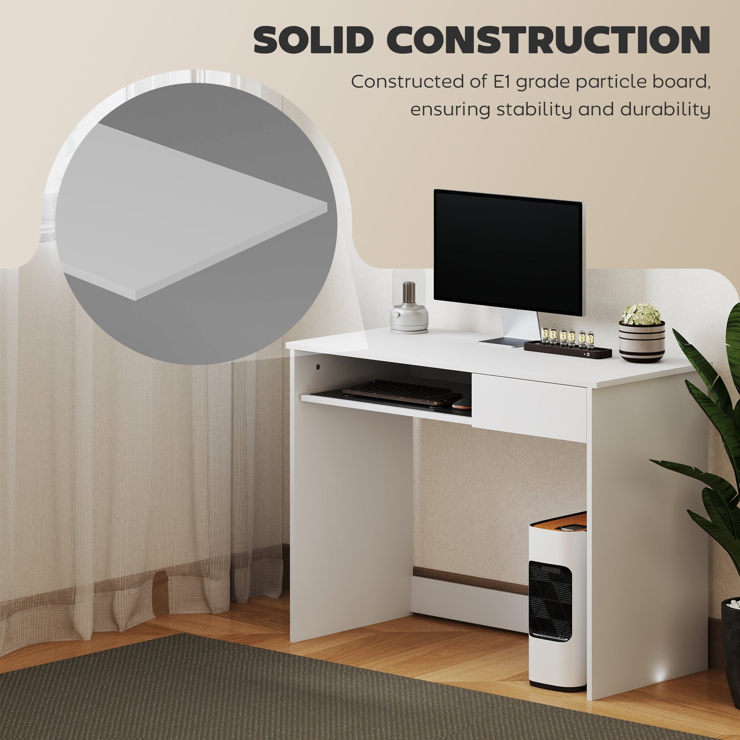 Lohalu 100cm Wooden White Compact Home Office Desk With Keyboard Tray And Drawer Storage