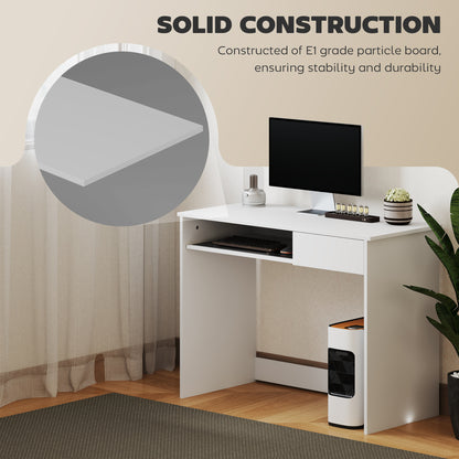 Lohalu 100cm Wooden White Compact Home Office Desk With Keyboard Tray And Drawer Storage