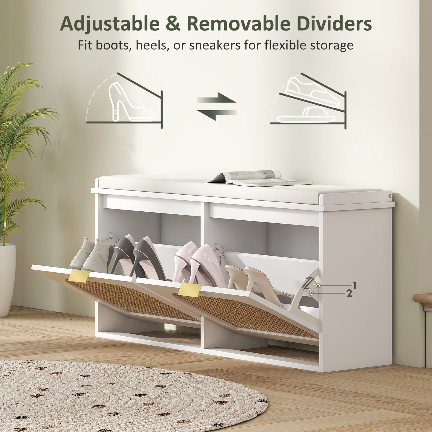 Hano Wooden White Boho Style Shoe Bench With Cushioned Seat And 2 Flip Drawers
