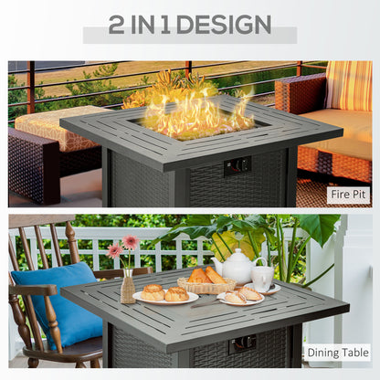 Ellulo Rattan Black Square Propane Gas Fire Pit Table with Cover Glass Beads And Lid