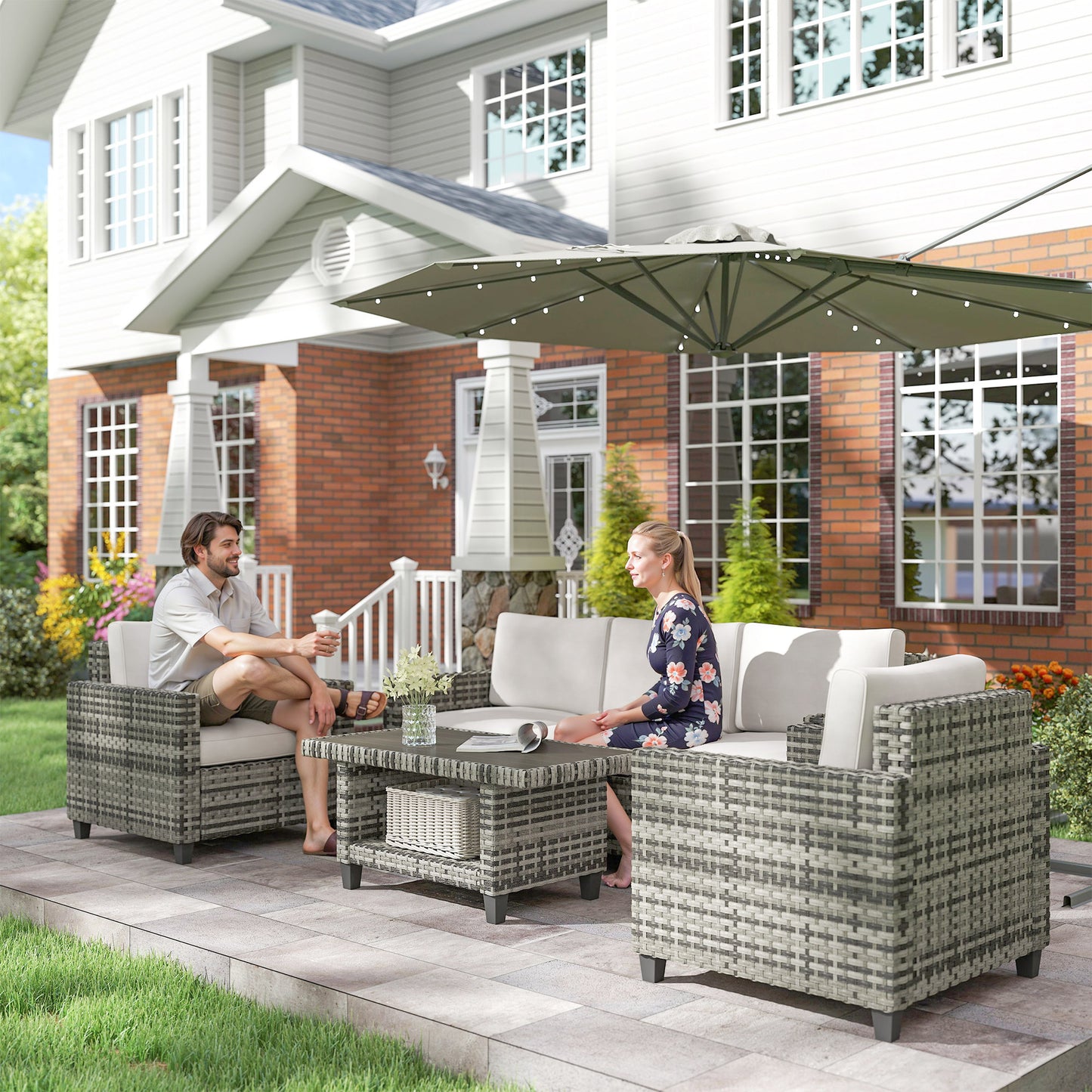 Coneno Rattan Light Grey 5 Seater Outdoor Sofa Set White Cushions