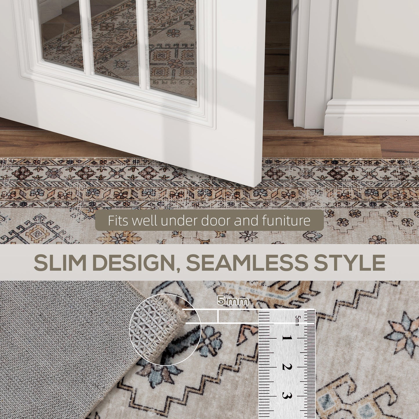Kefado 170 x 120cm Polyester Beige Vintage Style Non Slip Washable Rug