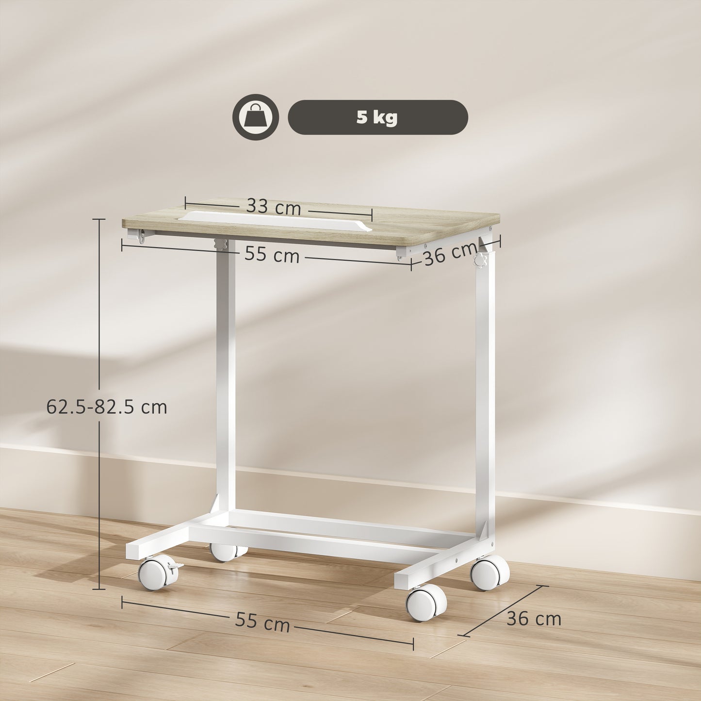 Mifi White Metal and Natural Wood Side Sofa Table Adjustable Tilting Top Lockable Wheels