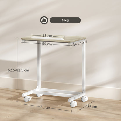 Mifi White Metal and Natural Wood Side Sofa Table Adjustable Tilting Top Lockable Wheels