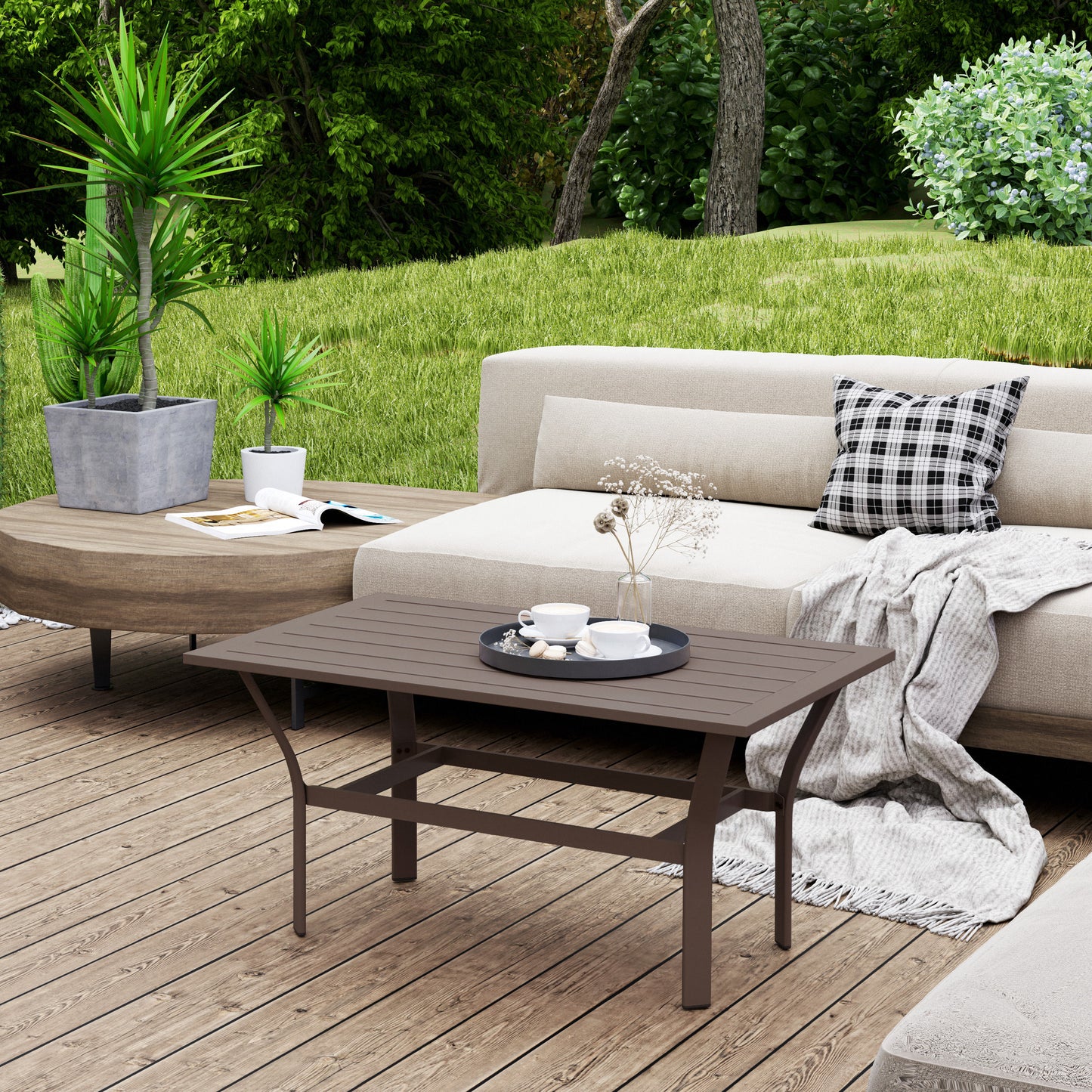 Dosu Yoba Metal And Wooden Brown Outdoor Rectangular Coffee Table With Slatted Top