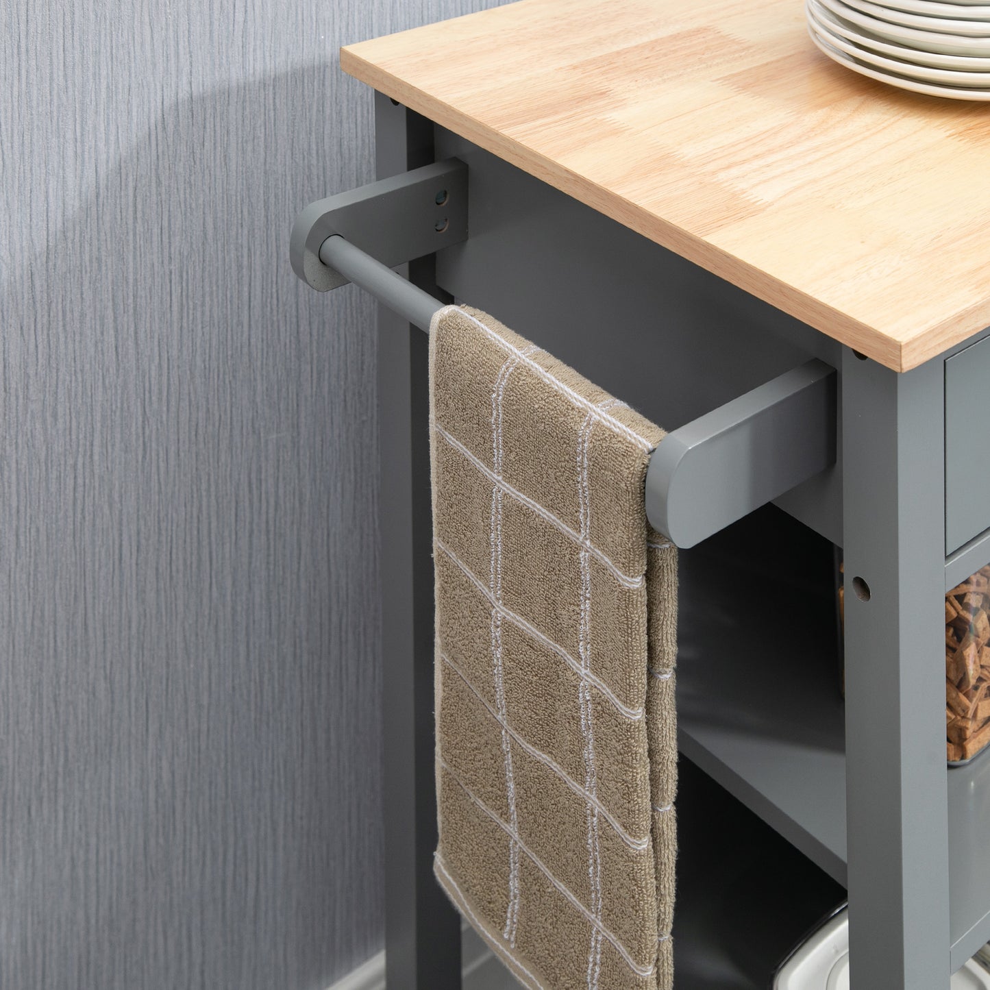Sovasa Wooden Grey Compact Kitchen Trolley With OFauxn Shelves And Drawer Storage