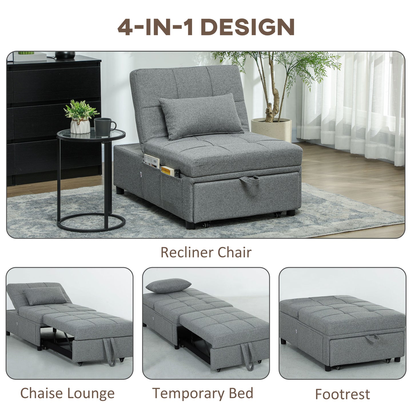 Nidi Kaha Fabric Dark Grey 4 In One Convertible Single Sleeper Chair