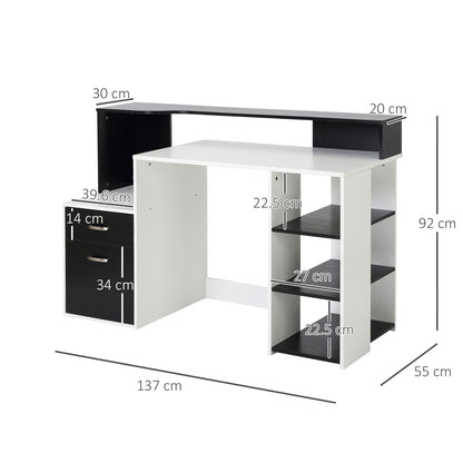 Lisodi 137cm Wooden Black And White Office Workstation Desk With Drawers Shelves And Printer Stand 137 x 55 x 92 cm