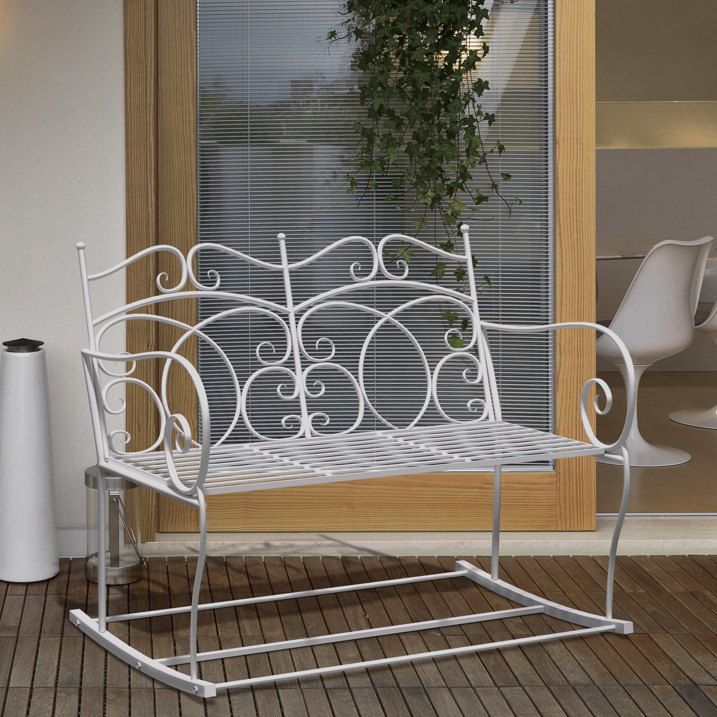 Yomino Steel White 2 Seater Outdoor Rocking Garden Bench With Decorative Backrest