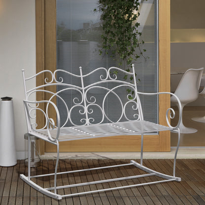 Yomino Steel White 2 Seater Outdoor Rocking Garden Bench With Decorative Backrest