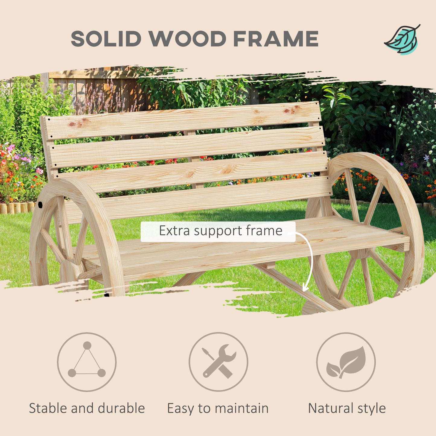 Hata Zilu Wood Natural Rustic Wagon Wheel Style Garden Bench With Armrests