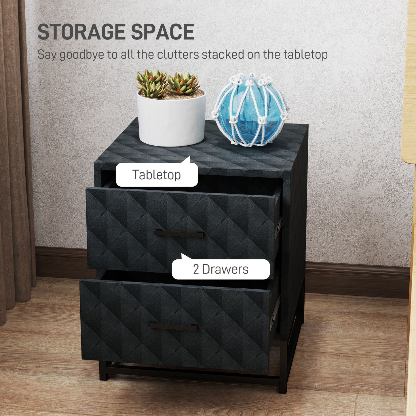 Roel Set Of 2 Black Retro Bedside Tables With 2 Drawers And Steel Legs