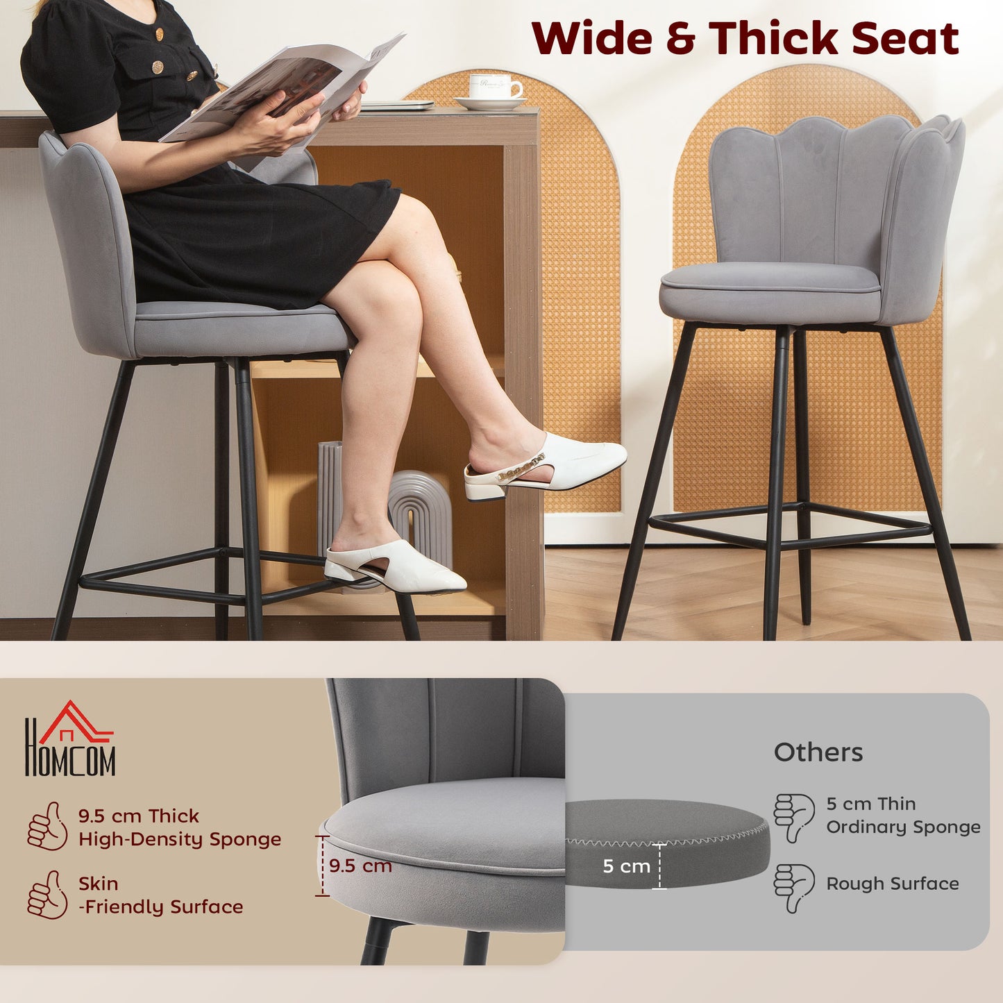 Ramette Velvet Grey Lotus Style Bar Stools Set Of 2 With Sculpted Seat