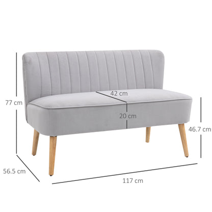 Nebalo Light Grey Velvet 2 Seater Sofa With Wooden Angled Legs Panelled Stitch Back
