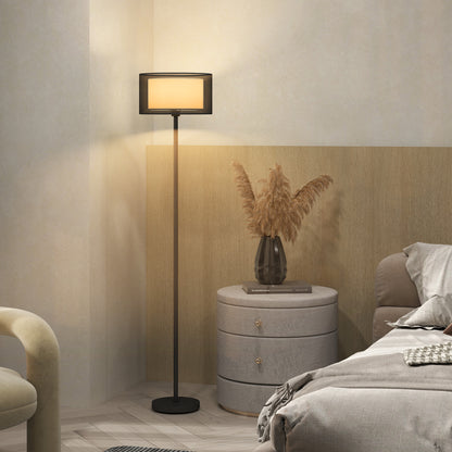 Mira Metal And Fabric Black Minimalist Floor Lamp With Double Layer Shade And Foot Switch