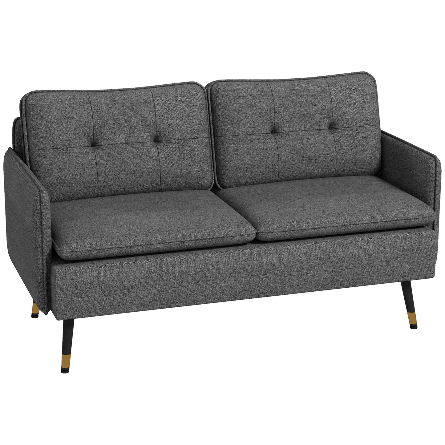 Luta Fabric Dark Grey Button Tufted 2 Seater Sofa With Cushions And Steel Legs