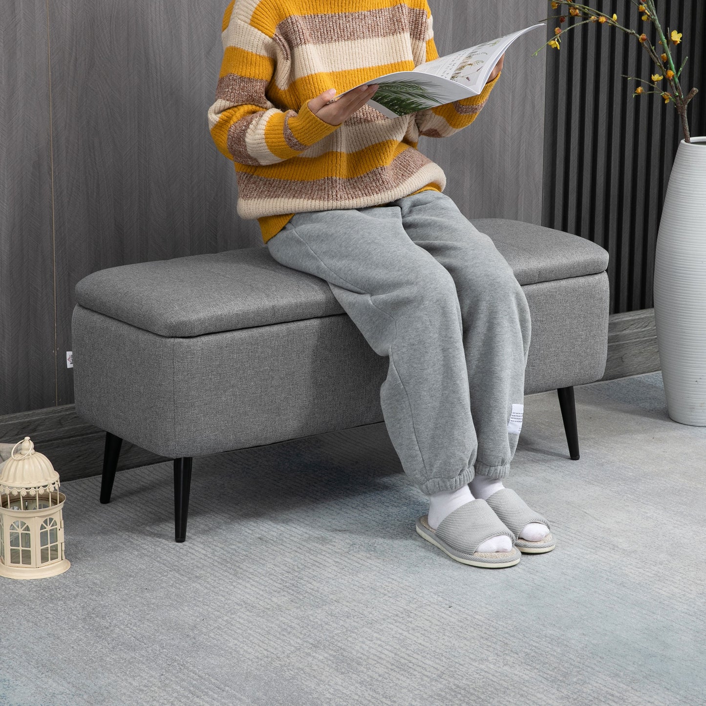 Kala Fabric Grey Rectangular Storage Ottoman Bench With Flip Top And Steel Legs
