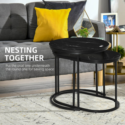 Coyo Metal And Wood Black And White Marble Effect Nest Of Tables