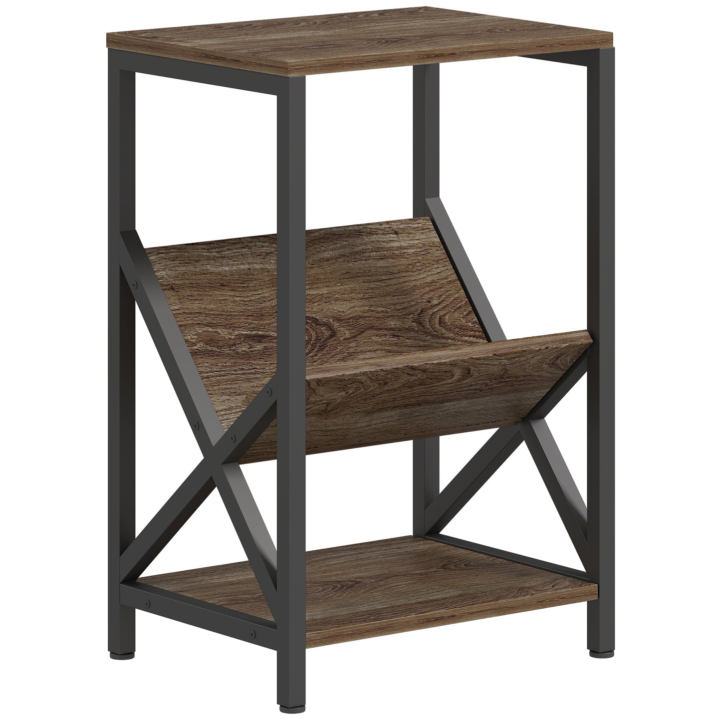 Elfi Nere Wooden Oak Narrow Side Table With 3 Tier Storage and V Shaped Magazine Holder 40 x 30 x 61 cm