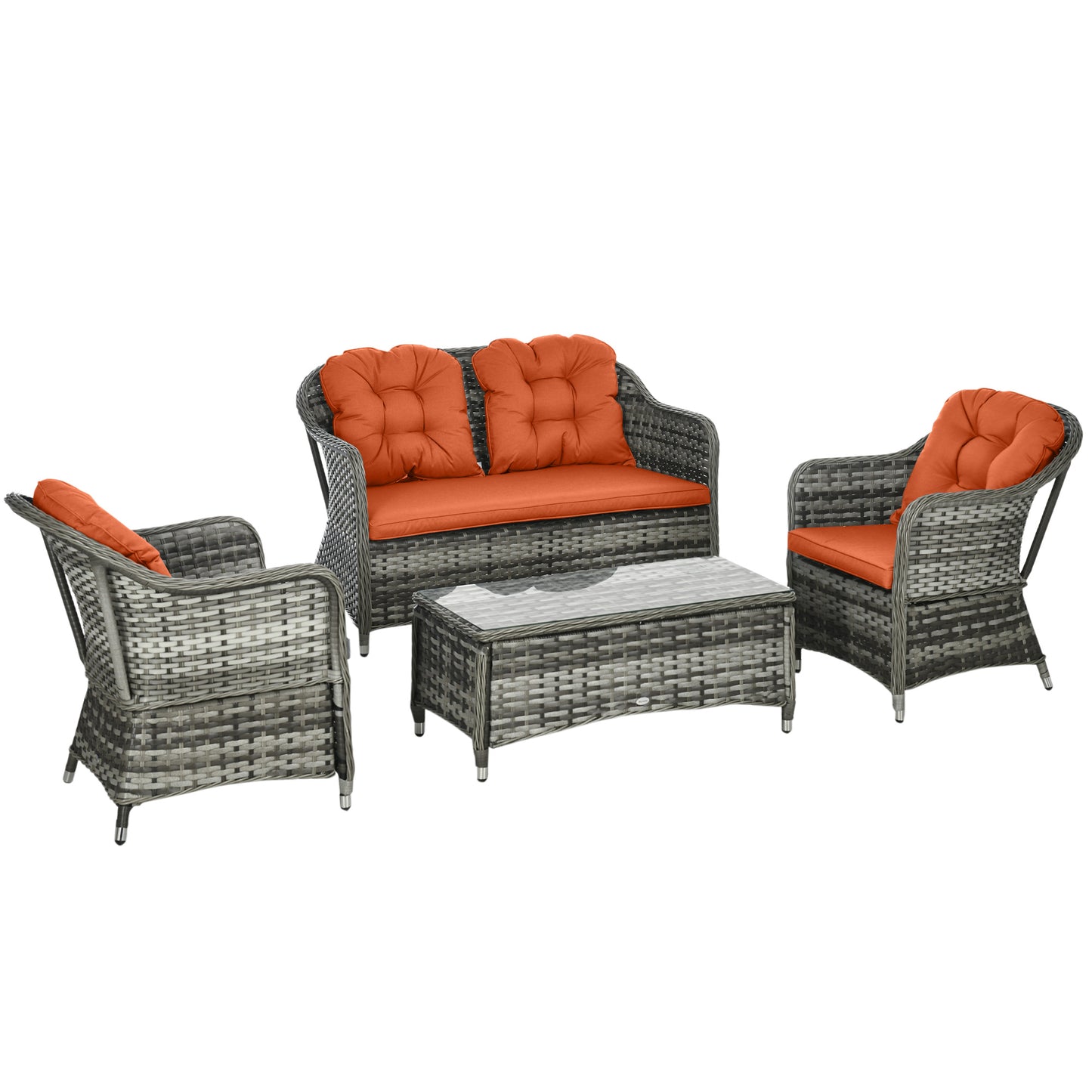 Yoro Grey Rattan Orange 4 Seater Outdoor Sofa Set With Glass Coffee Table