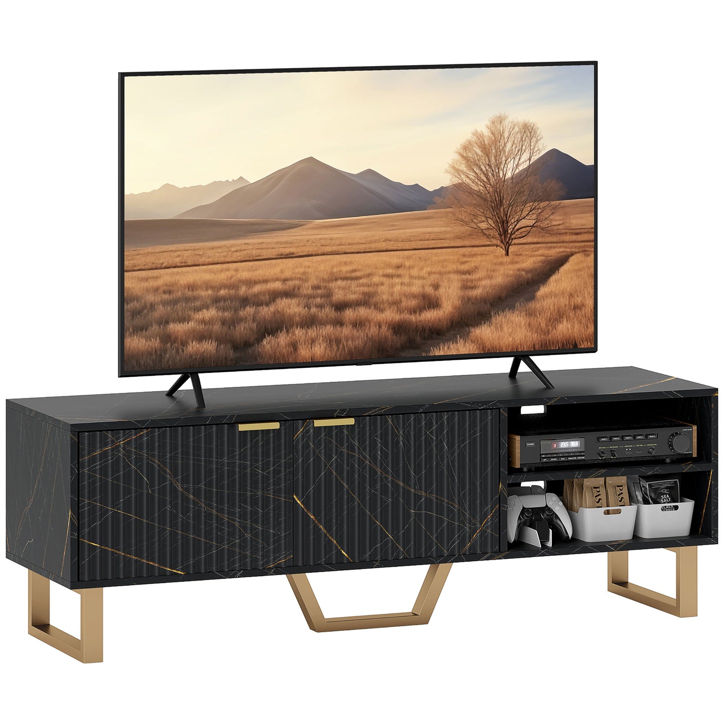 Baseva 140cm Wooden Black and Gold Marble Effect TV Unit With Fluted Doors For Screens Up To 70 Inches
