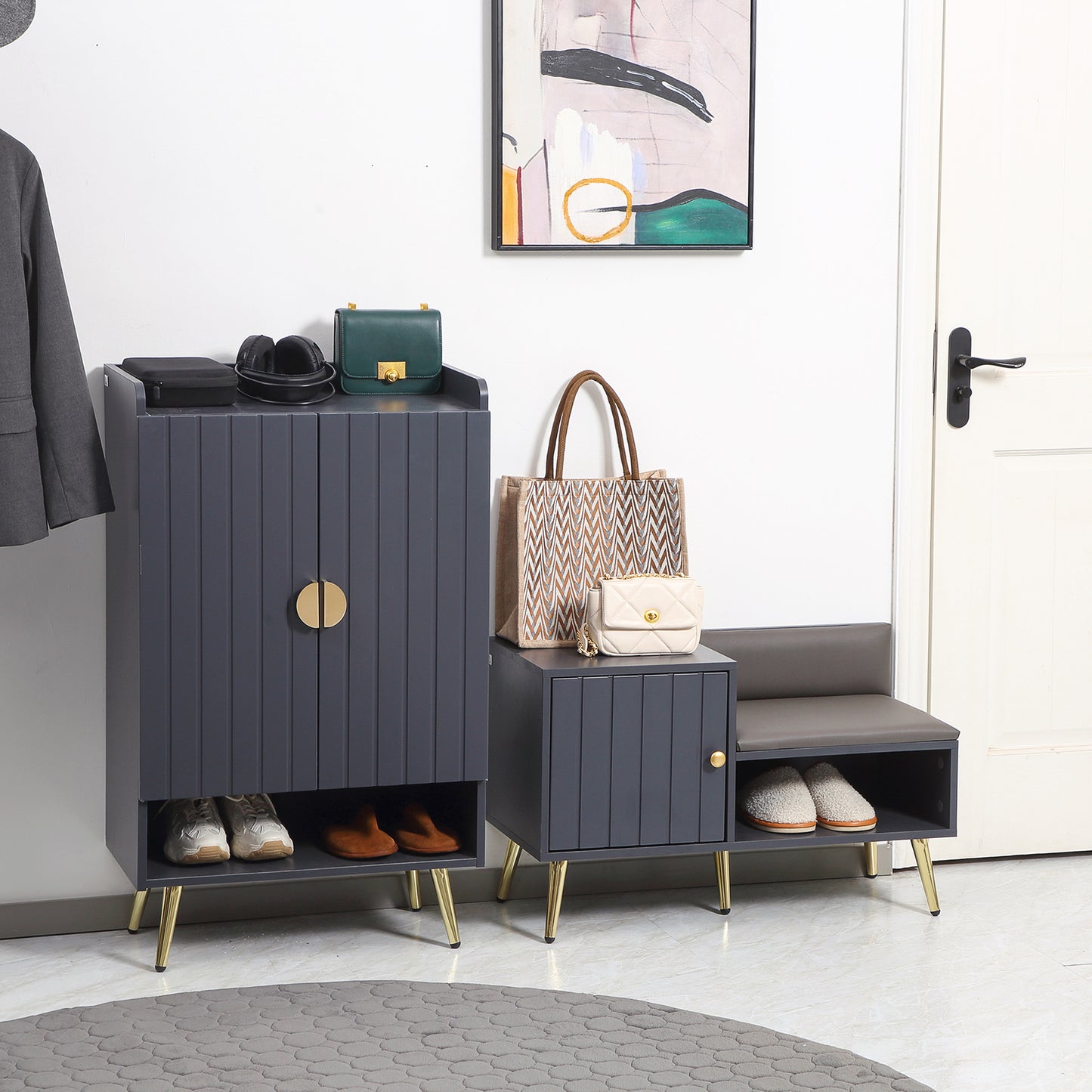 Kael Wooden Grey Entryway Shoe Storage Set Bench And Steel Legs For 19 Pairs