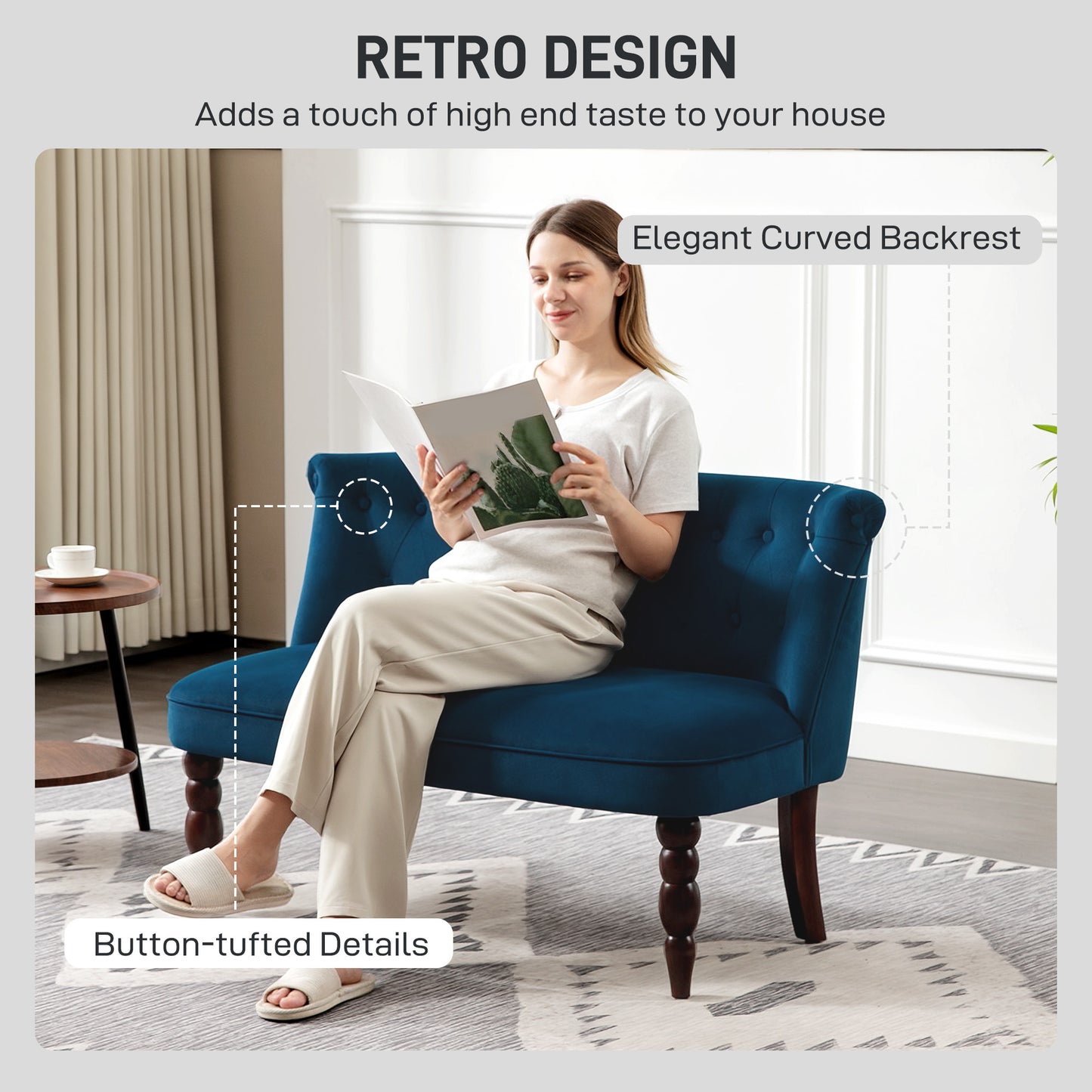 Layono Dark Blue Velvet Diamond Button Tufted Wingback 2 Seater Sofa