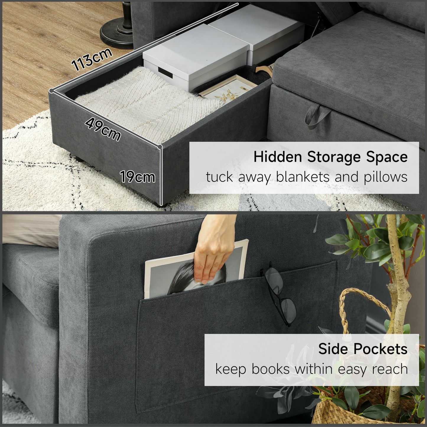 Sesune Yoli Charcoal Grey Upholstered Pull Out Sofa Bed With Storage and Side Pockets
