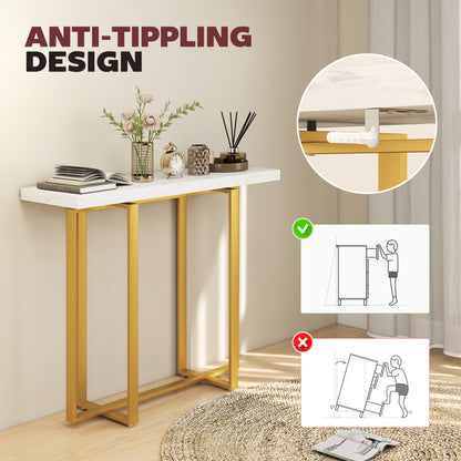 Larose Metal And Faux Marble White Narrow Console Table With Anti Tip Steel Frame 100 cm