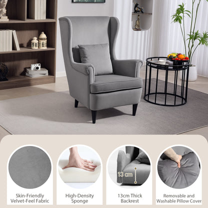 Harire Grey Velvet Wingback Accent Chair With High Back Pillow And Wooden Legs
