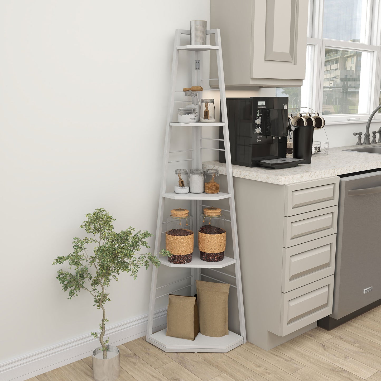 Vineha Wood White 5 Tier Corner Shelving Unit