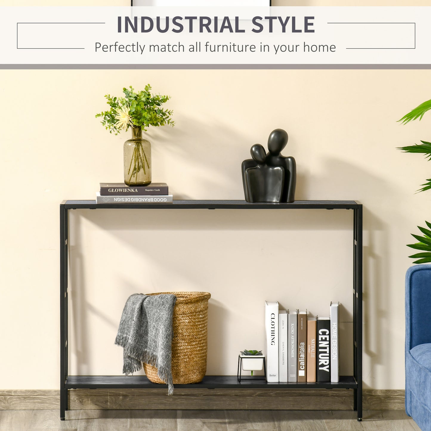 Comi 106cm Metal And Wooden Grey And Black Narrow Industrial Console Table With Bottom Shelf