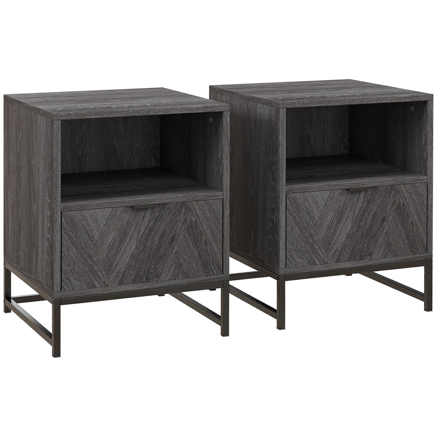 Halapa Set Of 2 Dark Grey Wood Bedside Tables With Drawer And Top Shelf
