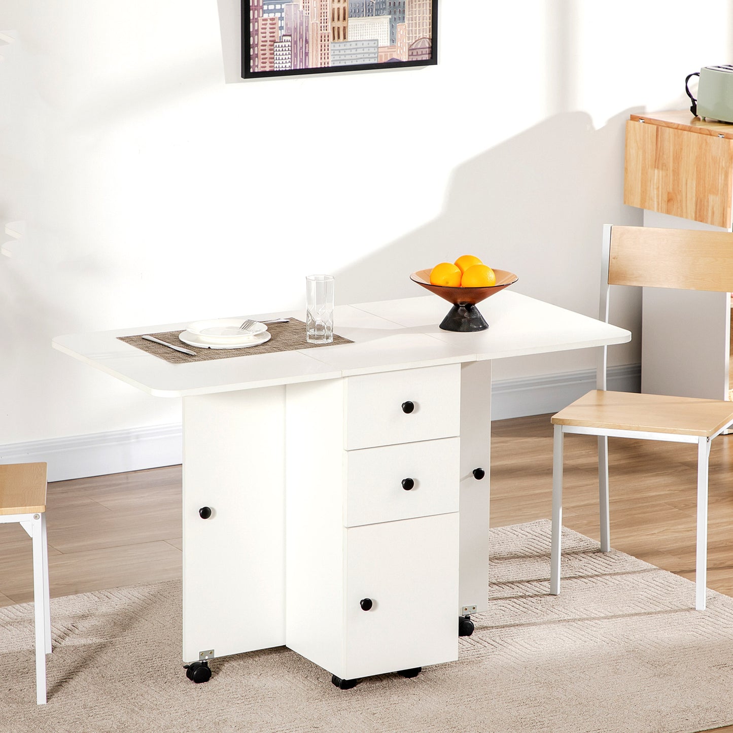 Zibsa Wooden White Drop Leaf Dining Table With Storage For 6