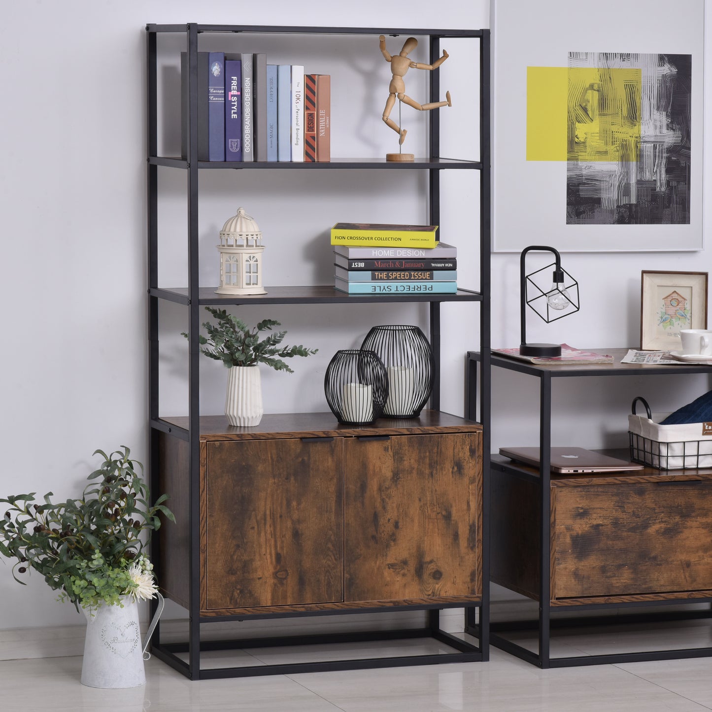 Tave Metal And Wood Rustic Brown And Black Large Industrial OFauxn Shelf Bookcase