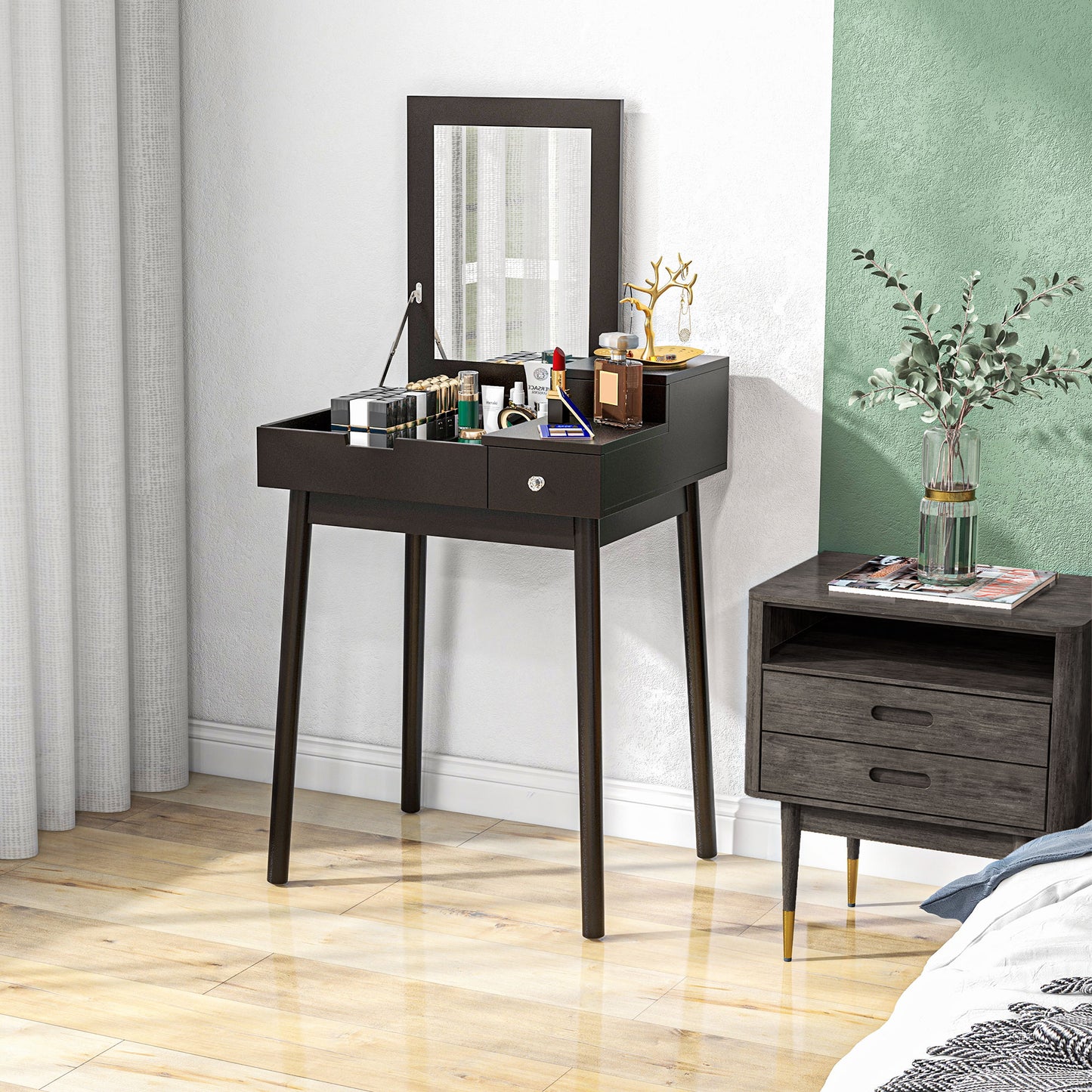 Sinotti Black Dressing Table With Flip Up Mirror 2 Drawers And Wood Legs