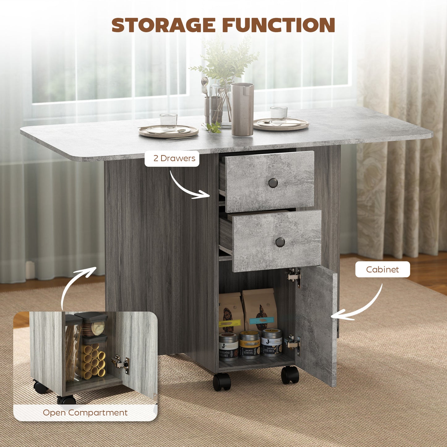 Dorette Wooden Mixed Grey Drop Leaf Dining Table With Multi Storage Design