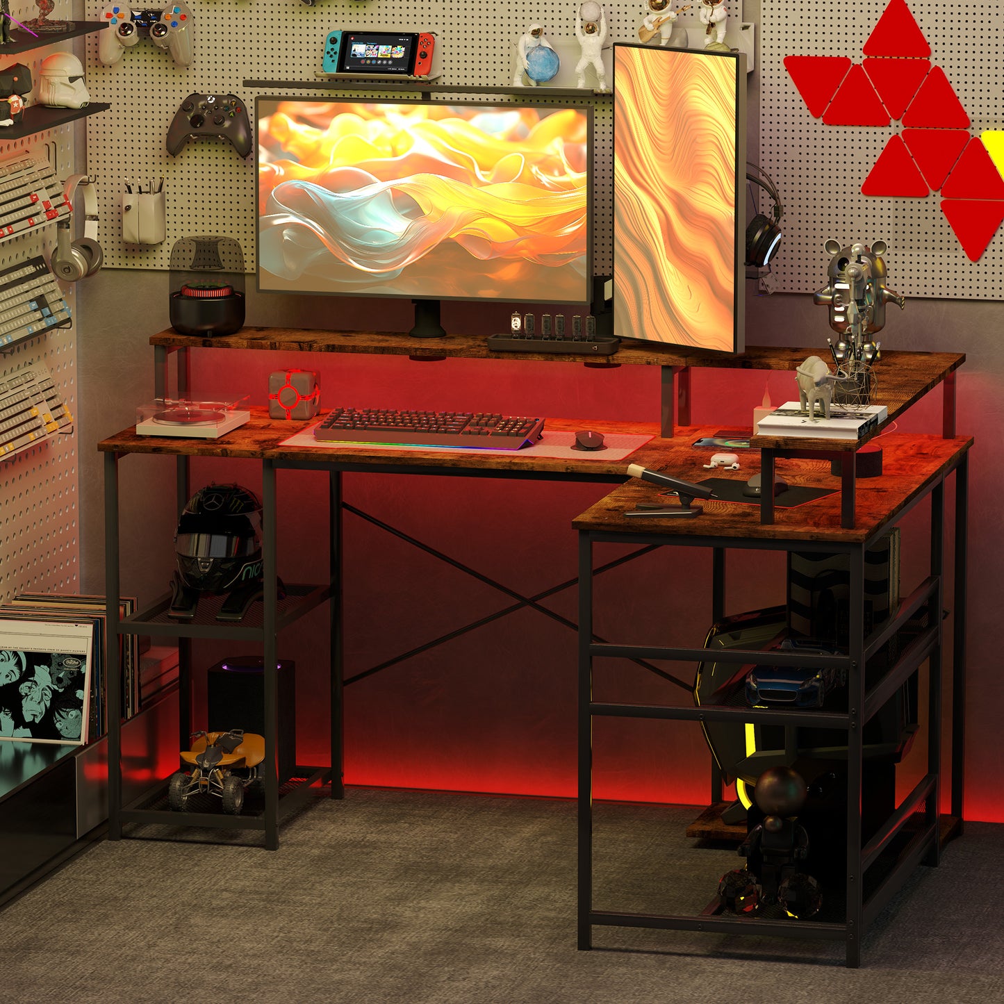 Mosovi Brown L Shaped Desk With Built In LED Lighting And Shelves