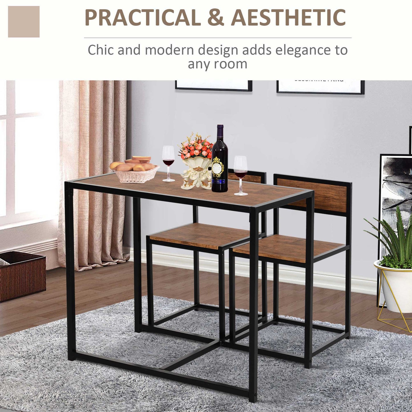 Lottopa Metal And Wooden Natural Compact Dining Table And Chair Set For Small Kitchens