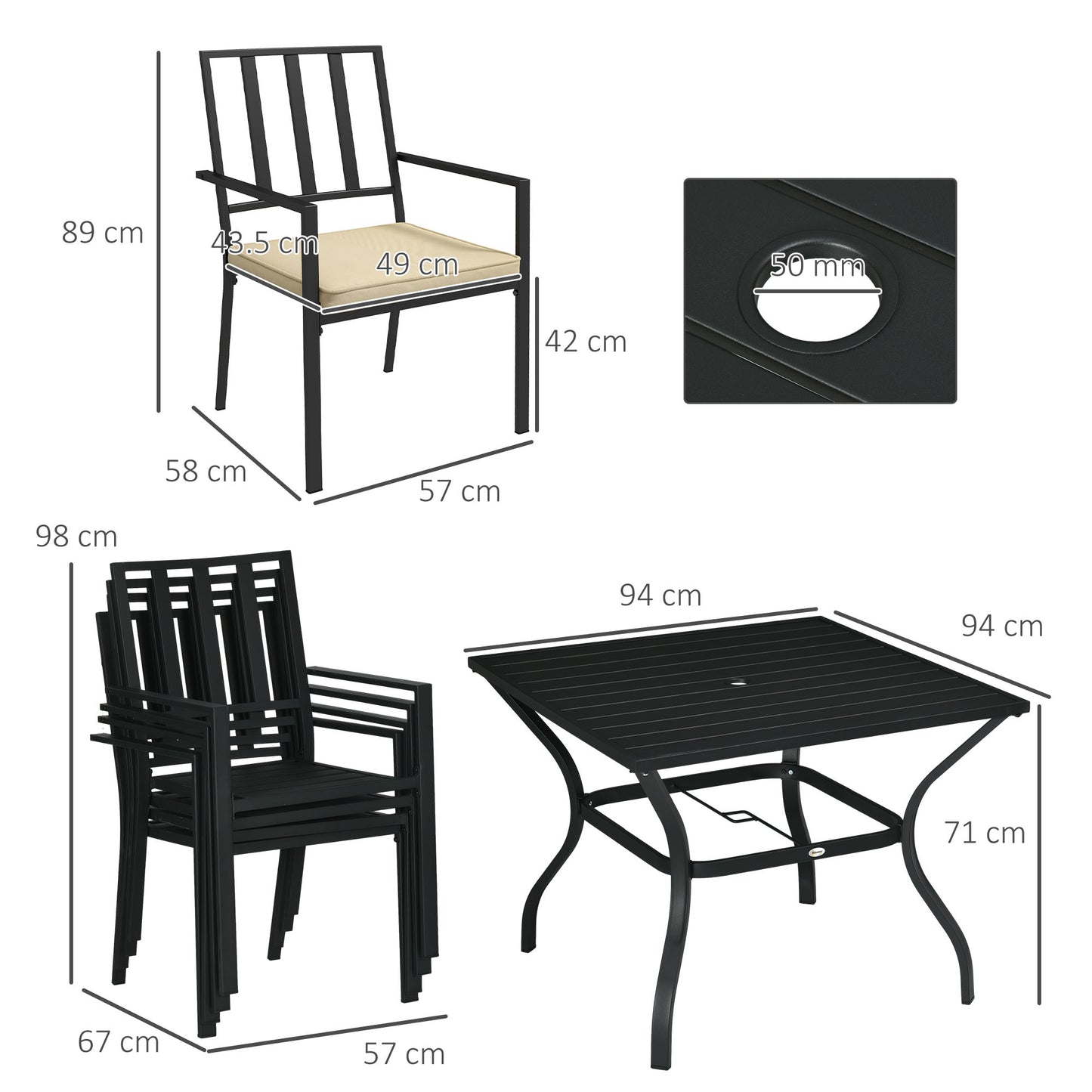 Nonilu Metal Black and Cream 4 Seater Garden Dining Set With Cushions Stackable Chairs and Parasol Hole