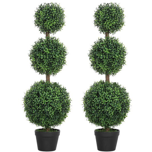 Rafile Set Of 2 Artificial Boxwood Topiary Trees With Triple Ball Design H8 100cm