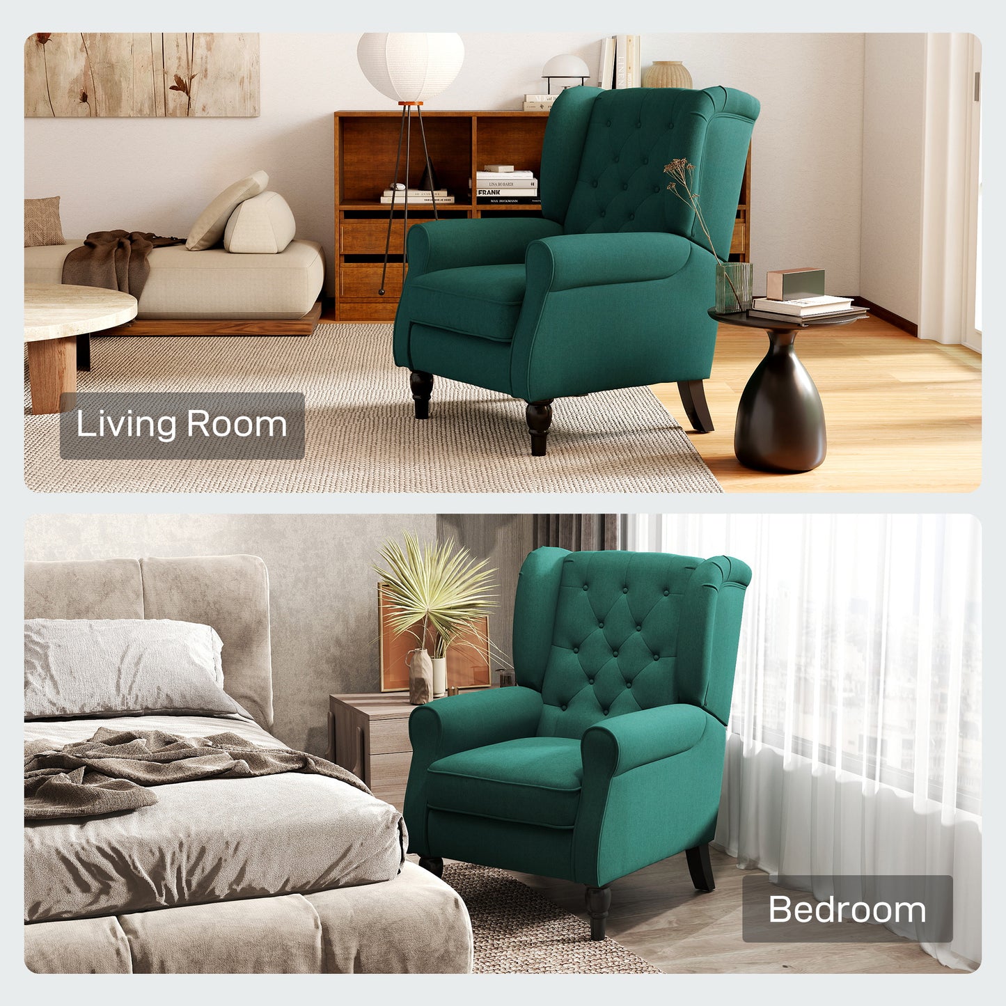 Redi Fabric Dark Green Retro Wingback Accent Armchair With Diamond Button Tufted Upholstery